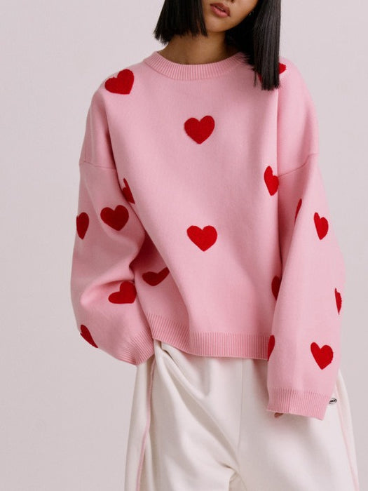 Women's Cute Heart Shape Round Neck Autumn And Winter Sweater