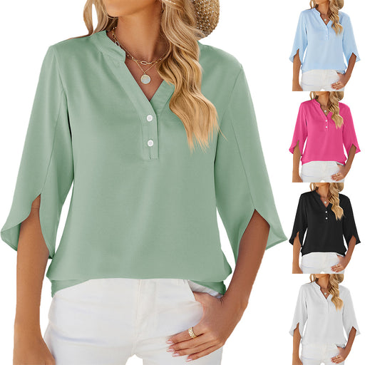Button V-neck Mid-sleeve Chiffon Shirt Solid Color Top Womens Clothing
