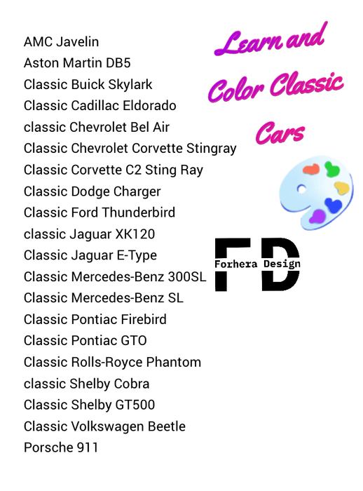 Learn and Color Classic Cars - Coloring Classic Cars - 20 A4 simple sheets - FORHERA DESIGN - DigitalPrint