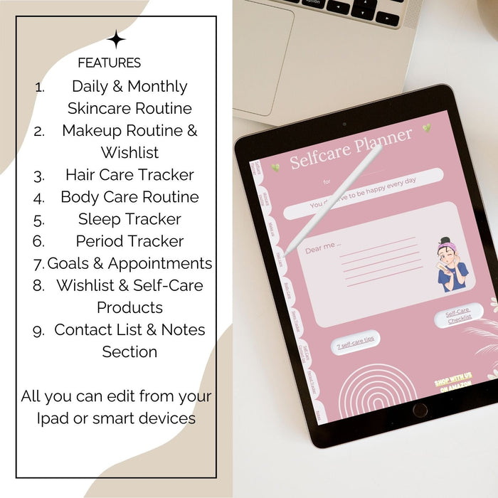 Self - Care Planner for iPad | Interactive Skincare, Makeup, Hair Care, Body Care, Sleep &amp; Period Trackers | Digital Habit &amp; Wellness Organizer - FORHERA DESIGN - Templates