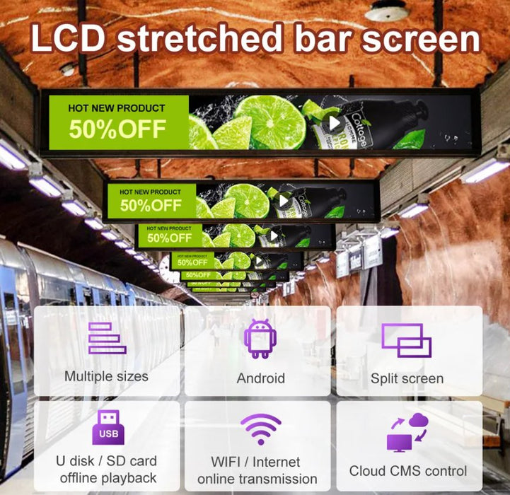 Supermarket indoor advertising media player strip Ultra wide shelf screen stretch bar lcd display - FORHERA DESIGN - Screens