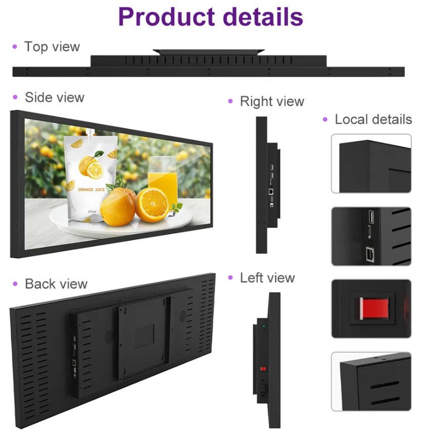 Supermarket indoor advertising media player strip Ultra wide shelf screen stretch bar lcd display - FORHERA DESIGN - Screens