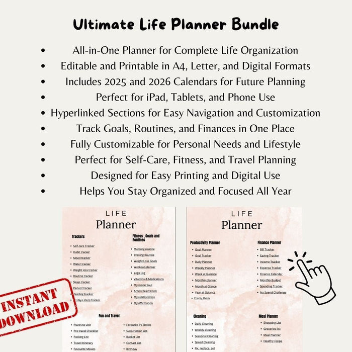 Ultimate Life Planner Bundle | Digital, Editable &amp; Printable | A4, Letter, iPad Compatible | Goals, Finance, Fitness, Self - Care, Travel &amp; More - FORHERA DESIGN - Templates