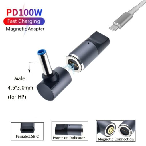 100W Magnetic Plug Connector Type C USB C to 4.5x3.0mm Dc Power Jack Laptop Charger Converter for Hp Pavilion Envy Elitebook