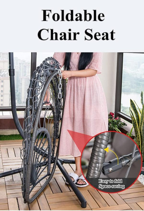 MOJIA Egg Chair with Stand - 450lbs Capacity, Patio Wicker Hanging Swing Chair, UV Resistant Cushion, Foldable Seat Basket, Oxford Cover Included