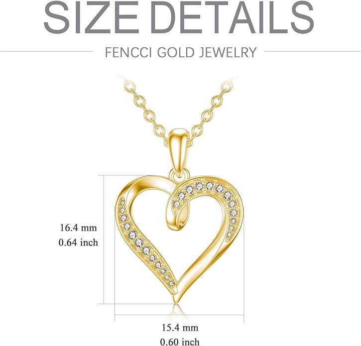 FENCCI 14K Gold Heart Pendant Necklace - Moissanite Diamond, Birthday Anniversary Mother's Day Gift, Jewelry for Her, 16+2 Inch