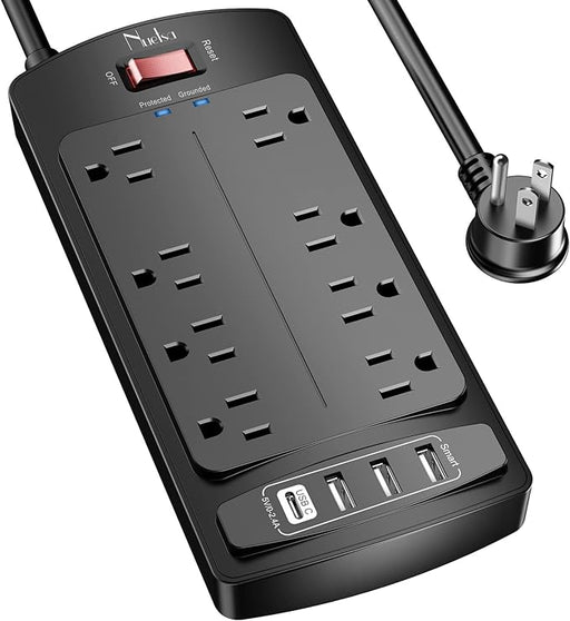 Surge Protector Power Strip - Flat Plug Extension Cord with 8 Outlets and 4 USB Ports, 6 Feet Power Cord (1625W/13A), 2700 Joules, ETL Listed, Black