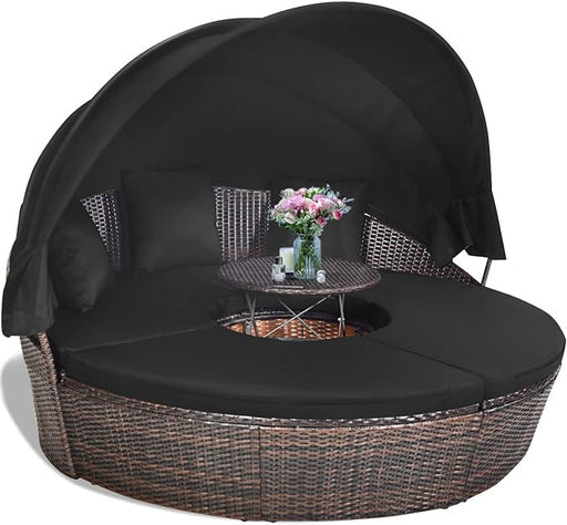 Tangkula Patio Round Daybed with Retractable Canopy, Outdoor Wicker Rattan Furniture Sets, Sectional Sofa Set w/Height Adjustable Coffee Table, Rattan Conversation Sets (Black)