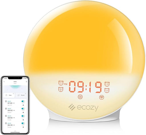 ecozy Sunrise Alarm Clock, Smart Wake Up Light APP Control,Alarm Clock with Alexa,Sunrise Sunset Simulation, 4 Alarms FM Radio, Natural Sounds, 7 Colors Night Light,Tap Snooze for Heavy Sleepers Adult
