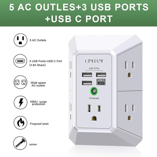 QINLIANF 5-Outlet Surge Protector with 4 USB Ports - Power Strip for Home, Travel, Office - Wall Charger Adapter with Spaced Outlets (3U1C)