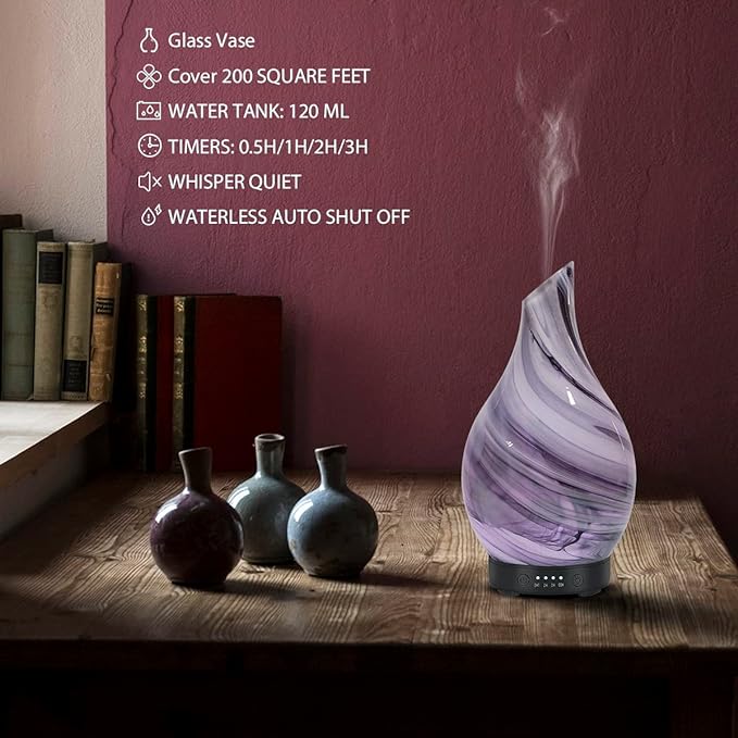 Essential Oil Diffuser 120ml Ultrasonic Aromatherapy Diffuser with Handmade Glass BPA Free Waterless Auto-Off, 4 Timer Setting 7 Colors Changed LED for Home Yoga Office