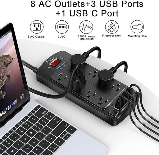 Surge Protector Power Strip - Flat Plug Extension Cord with 8 Outlets and 4 USB Ports, 6 Feet Power Cord (1625W/13A), 2700 Joules, ETL Listed, Black