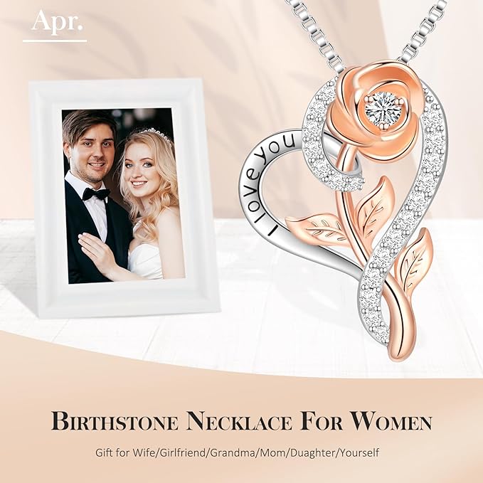 Mother's Day Gifts for Mom, Heart Rose Necklaces for Women, S925 Sterling Silver Birthstone Pendant Necklace, Mothers Day Birthday Anniversary Valentines Christmas Gifts for Her Wife Girlfriend Girls Mother Mom, Silver and Rose Gold Plated