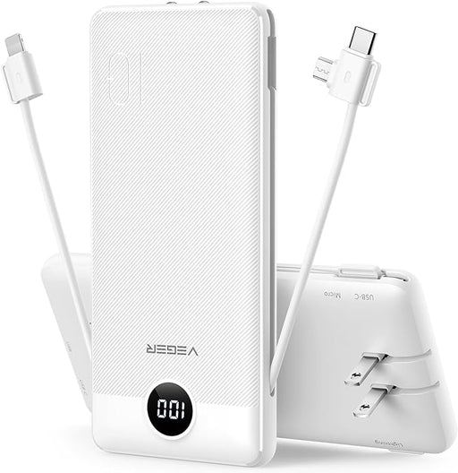VEGER Portable Charger for iPhone - Fast Charging USB C Slim 10000 Power Bank with Built-in Cables, Wall Plug, USB Battery Pack for iPhones, iPad, Samsung, and More (White)
