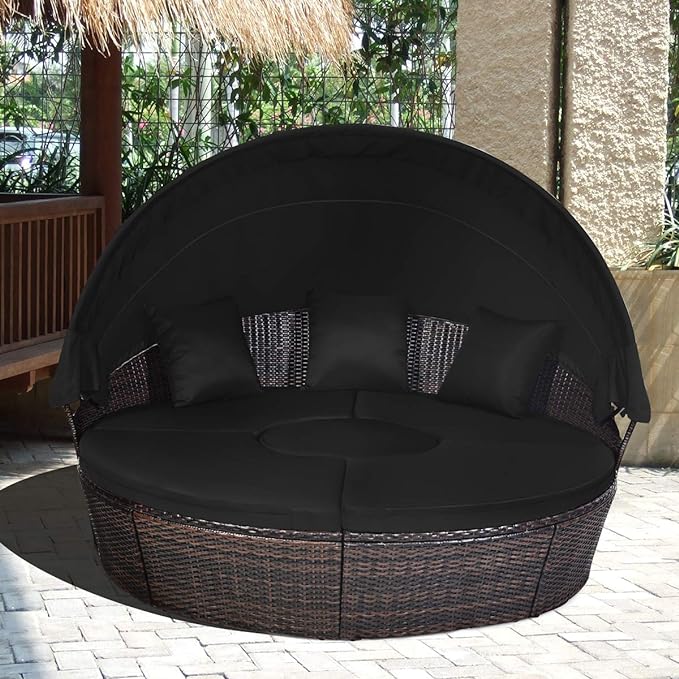 Tangkula Patio Round Daybed with Retractable Canopy, Outdoor Wicker Rattan Furniture Sets, Sectional Sofa Set w/Height Adjustable Coffee Table, Rattan Conversation Sets (Black)