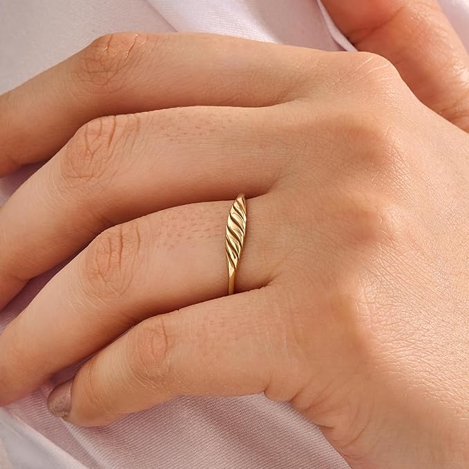 BRENNMORE 14k Solid Gold Stacking Rings Thin Twisted Braided Rope Rings Real Gold Thumb Rings Stackable Rings Dainty Gold Rings