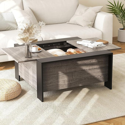 Tangkula Square Farmhouse Coffee Table with Hidden Storage, Wood Center Table with Sliding Top, 5 Support Feet, Rustic Extendable Cocktail Table for Living Room Reception Office (Grey, Retro)