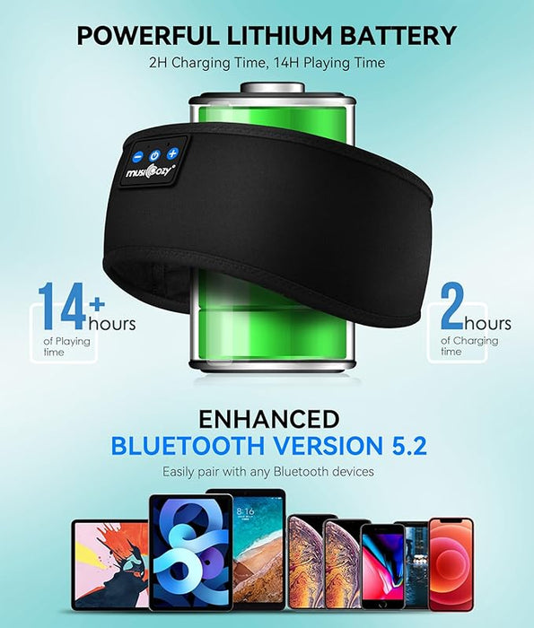 MUSICOZY Bluetooth 5.2 Headband Sports Sleep Headband Headphones, Wireless Music Sleeping Headphones Sleep Eye Mask Earbuds for Workout Running Insomnia Travel Yoga Meditation, Blue