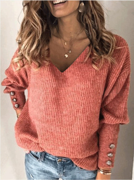 All-match Knitted V-neck Loose Long-sleeved T-shirt