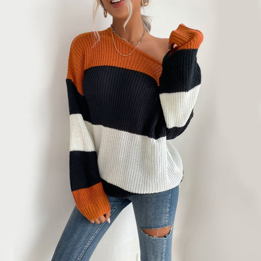 Autumn New European And American Women's Clothing Striped Contrast Color Knitwear Round Neck Loose Sweater
