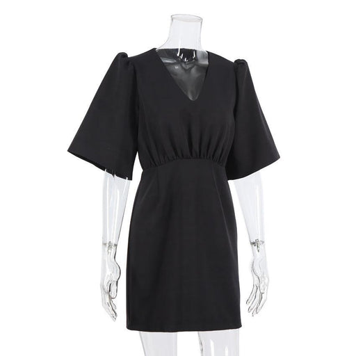 Black V-neck Waist Dress Female Puff Sleeve Temperament A-line Skirt