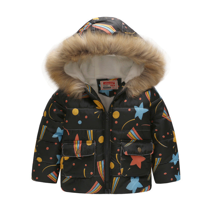 Boys and Girls Printed Hooded Children's Warm Cotton Jacket Thickened