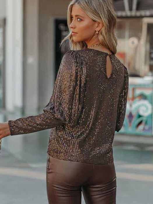 Brown Elegant Sequined Gigot Sleeve Top For Women