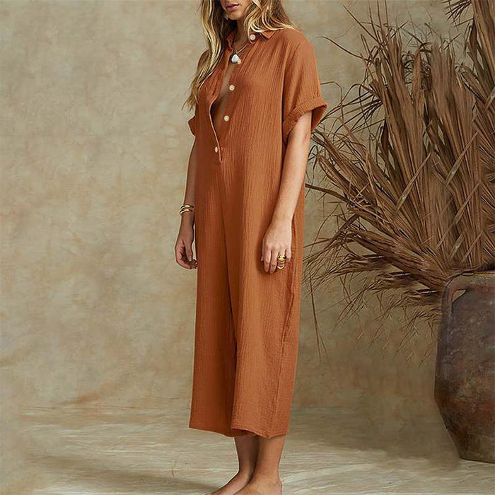 Casual Loose Long Jumpsuit Short Sleeve Rompers
