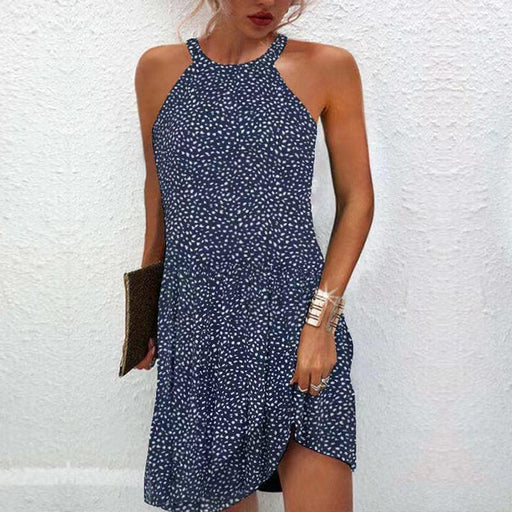 Casual Print Sleeveless Hanging Neck Hollow Out Dress