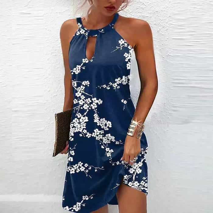 Casual Print Sleeveless Hanging Neck Hollow Out Dress