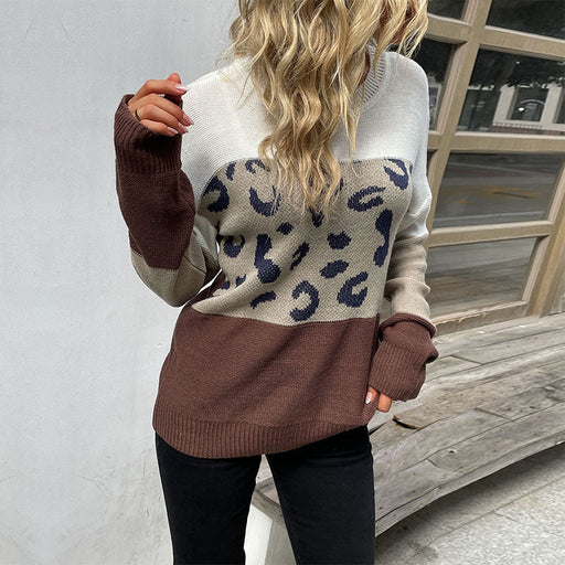 Casual Women's Long Sleeve Leopard Print Contrast Color Sweater