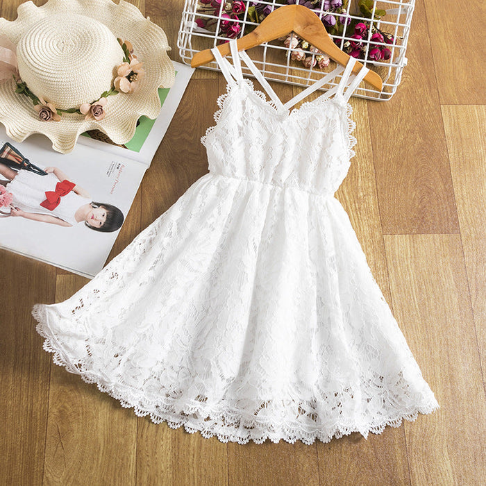 Children's Embroidered Skirt Lace Dress With Suspenders And Beautiful Back