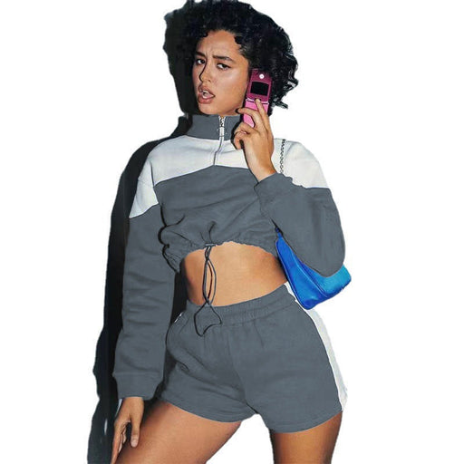 Color Matching Drawstring Leisure Shorts Women's Sweater Suit Two-piece Set