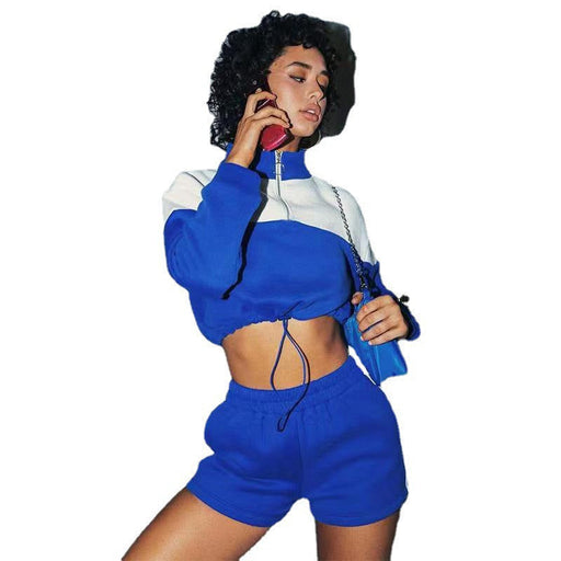 Color Matching Drawstring Leisure Shorts Women's Sweater Suit Two-piece Set