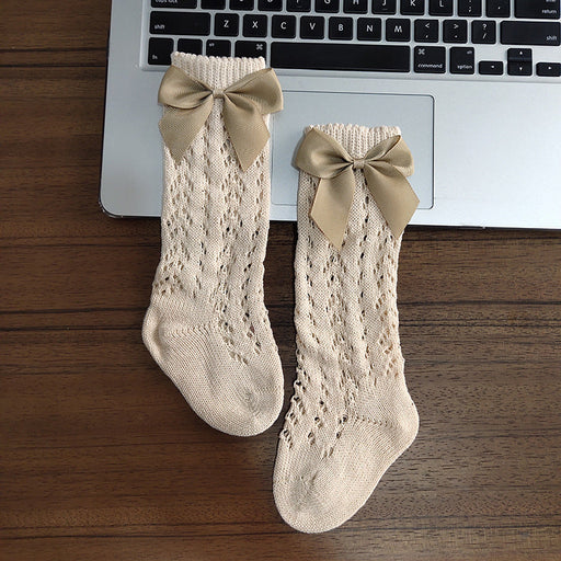 Cute Girls Knee High Socks Bows Cotton Breathable Soft Children Socks Hollow Out Non-slip Newborn Infant Long Socks