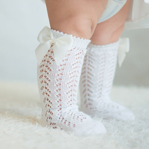 Cute Girls Knee High Socks Bows Cotton Breathable Soft Children Socks Hollow Out Non-slip Newborn Infant Long Socks