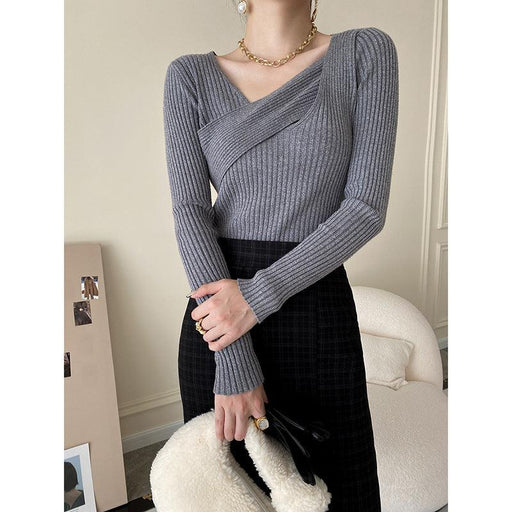 Designed Cross-neck Slim-fit French Sweater
