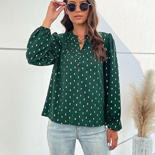 European And American Fashion Women's Wear Spring New Bronzing Green Long-sleeved Top For Women