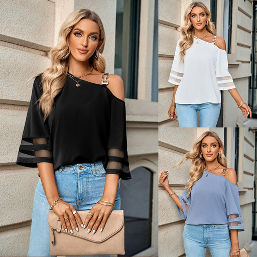 European And American Spring And Summer New Women's Fashion Casual Solid Color Metal Buckle Shoulder Top Women
