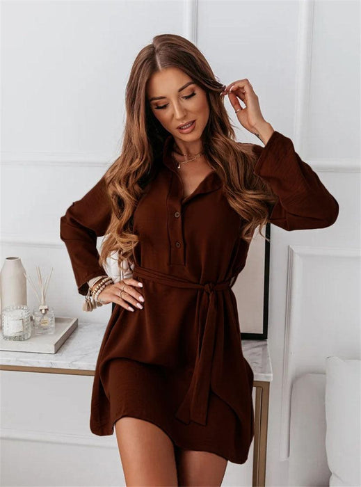 European And American Women's Button Lace-up Solid Color Dress