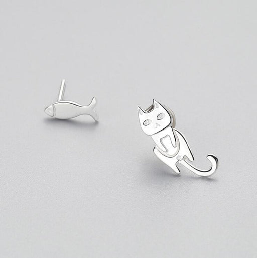 Fashion Asymmetry 925 Sterling Silver Stud Earrings Animal Fish Cat