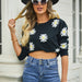 Fashion Floral Print Knit Sweater Round Neck Pullover Tops Women