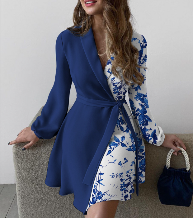 Fashion Sky Blue Long-sleeved Lapel Waist Tie Dress