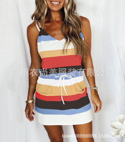 Fashion Stripe Drawstring Dress Summer Dress Loose Sleeveless Dress Women's Comfortable Casual Outfits Wear