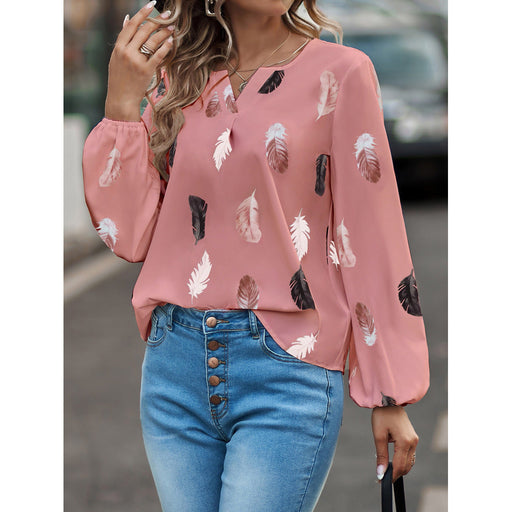 Feather Print Polo Shirt Long Lantern Sleeve Shirt Turndown Collar Breasted Tops Clothes