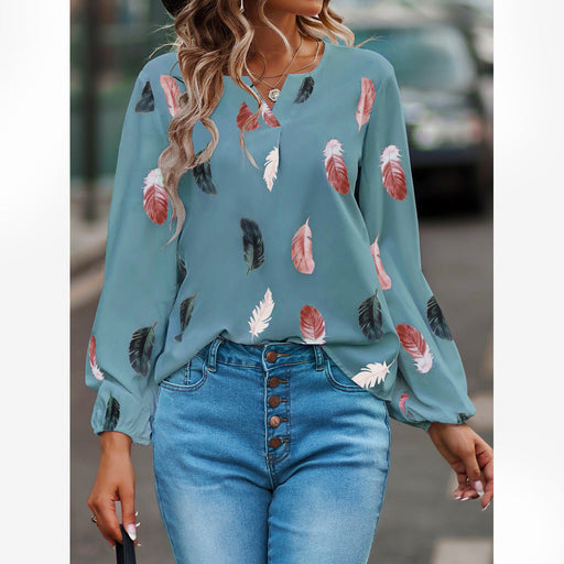 Feather Print Polo Shirt Long Lantern Sleeve Shirt Turndown Collar Breasted Tops Clothes