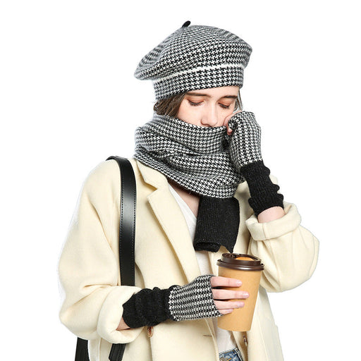 Female Plaid Painter Warm Hat Scarf Gloves Three-piece Suit