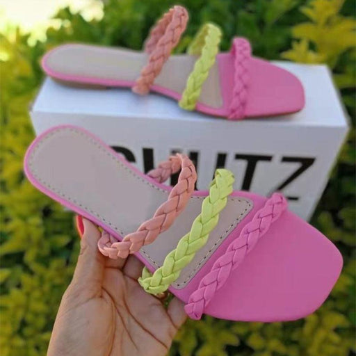 Flat Woven Hollow Slippers Women's Plus Size Color Matching Beach Sandals