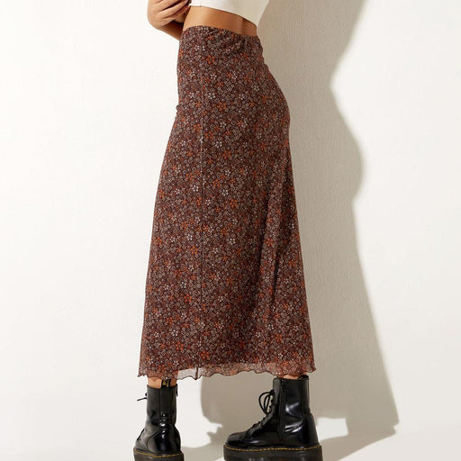 Floral Print Elastic High-waisted Half Long Bag Hip Mesh A-line Skirt