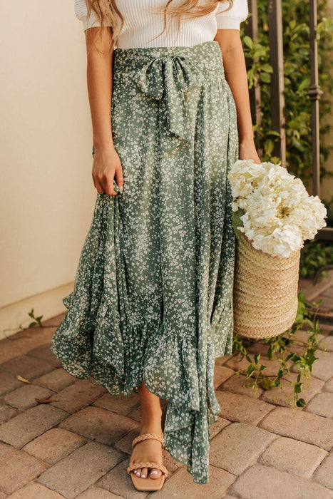 Floral Skirt with Tie - Fall Green Dress